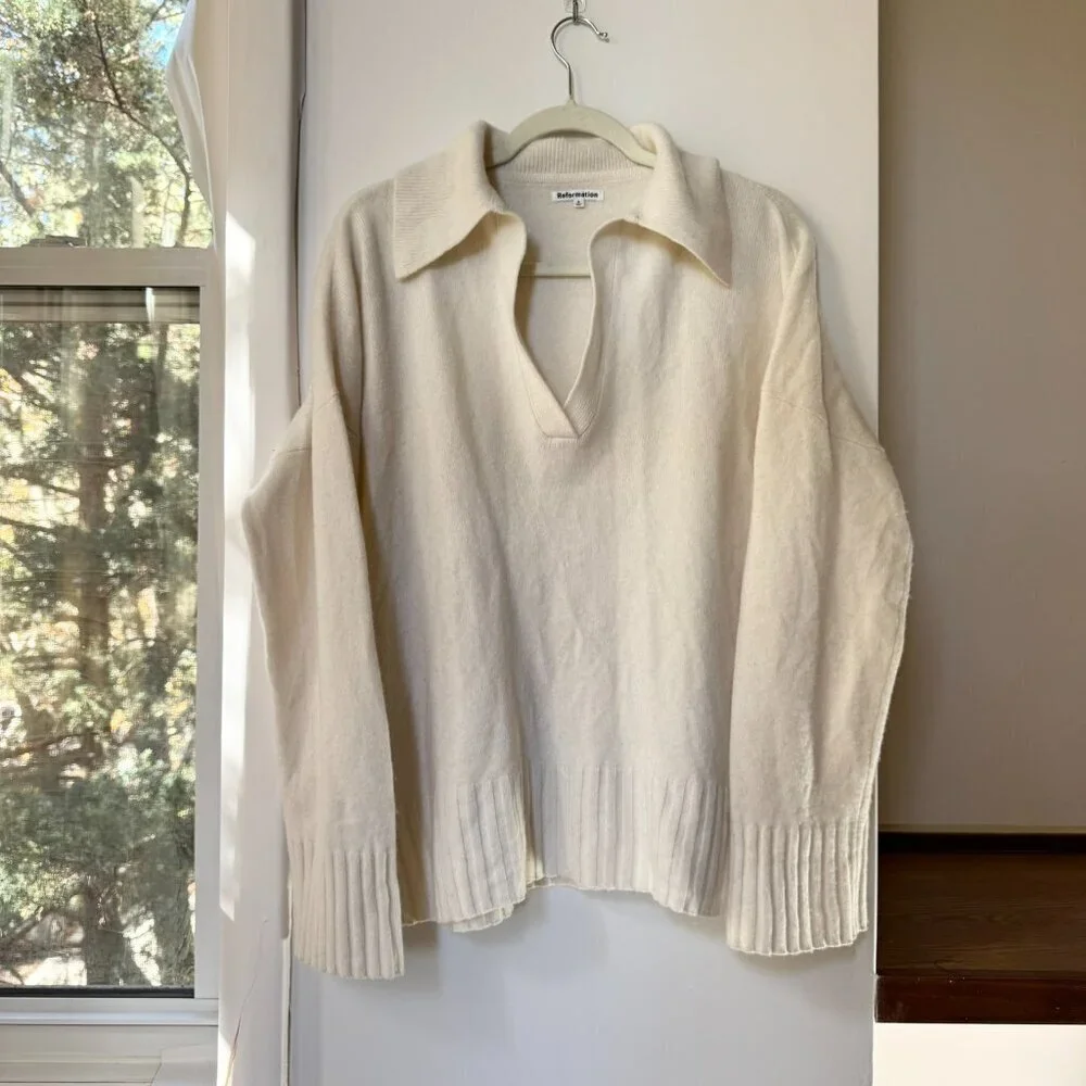 Reformation Otto Wool Polo Sweater Arctic Cream Small